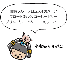 市姫：金時フルーツ白玉スイカ・メロンフロートミルク、コーヒーゼリープリン、ブルーベリー・・・えっ〜と・・・全部のせるがよ