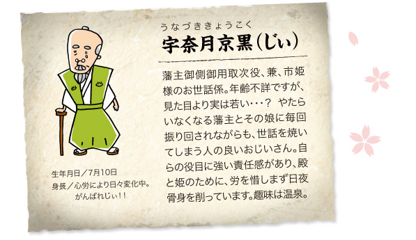 藩主御側御用取次役の老人　宇奈月京黒（じぃ）7月10日生まれの年齢不詳。身長は心労により日々変化中･･･。老人兼、市姫様のお世話役。殿と市姫に毎回振り回されています。趣味は温泉。