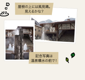 記念写真は温泉噴水の前で!屋根の上には風見鶏。見えるかな?